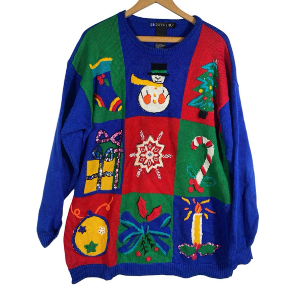 IB Diffusion Sweater Large Christmas Embroidered Womens Ugly Blue Grandmacore - Picture 1 of 15